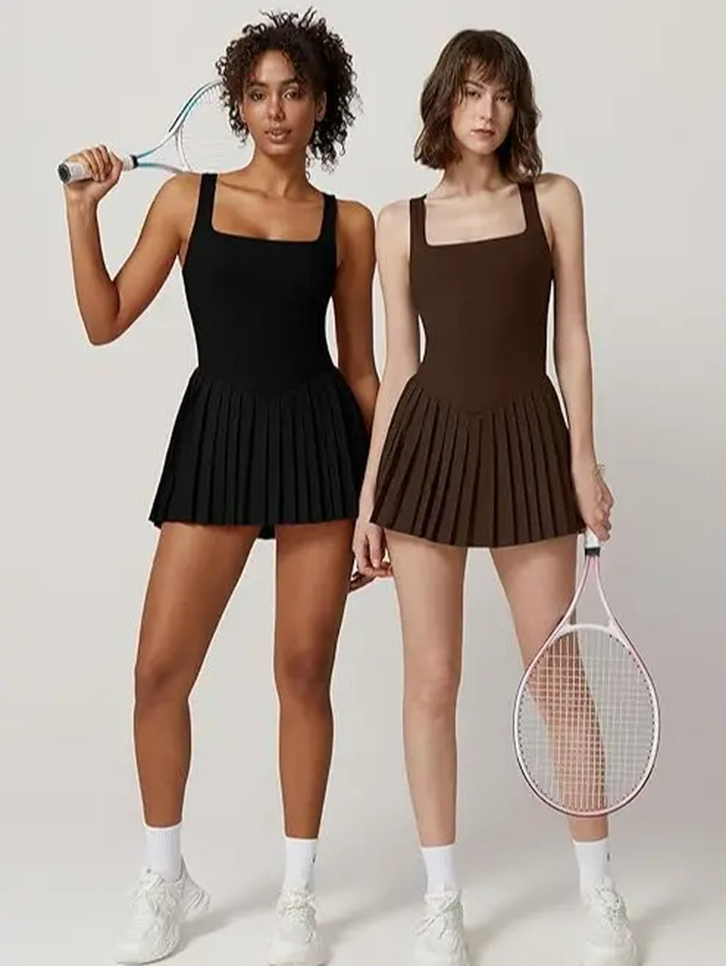 QINSEN Womens Square Neck Tennis Dress Pleated Sleeveless Built in Shorts Golf Athletic Dress with Pockets
