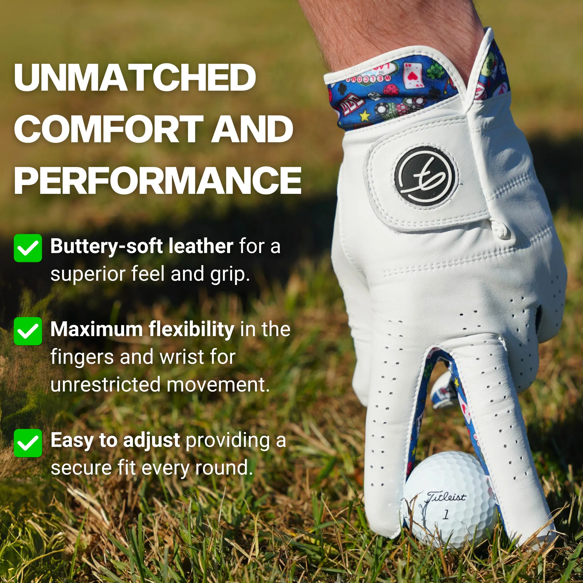 Fore Show Premium Golf Glove (Vegas)– 100% AAA Cabretta Leather Golf Gloves for Men & Women - Left & Right Handed Golfers - Cool Golfer Accessory Gift