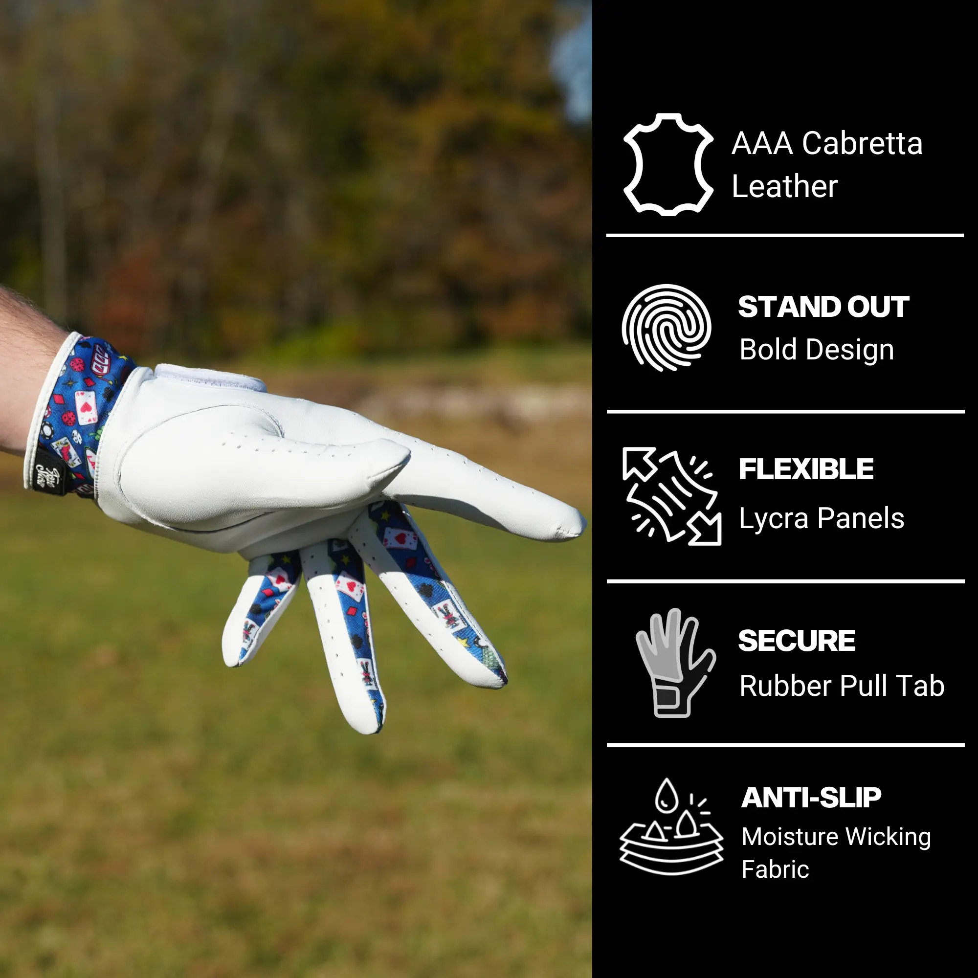 Fore Show Premium Golf Glove (Vegas)– 100% AAA Cabretta Leather Golf Gloves for Men & Women - Left & Right Handed Golfers - Cool Golfer Accessory Gift