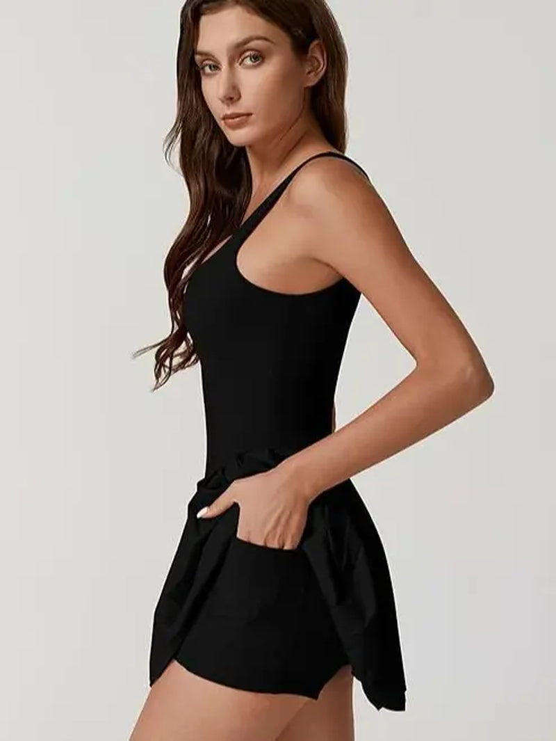 QINSEN Womens Square Neck Tennis Dress Pleated Sleeveless Built in Shorts Golf Athletic Dress with Pockets