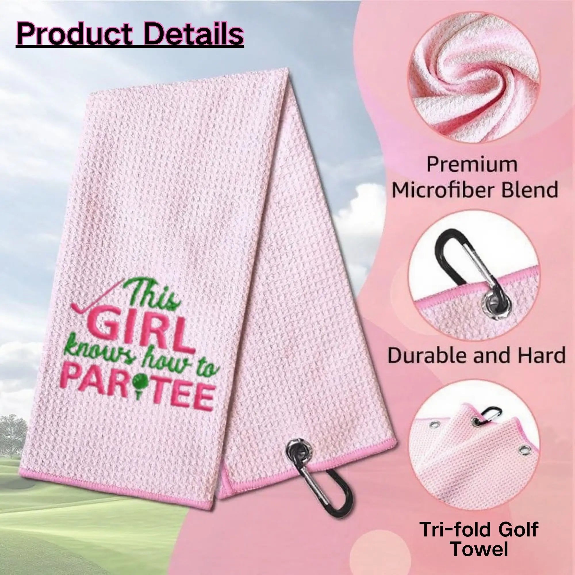 Pink Swing Towel for Golf, Embroidered Golf Towel for Golf Bags with Clip, Golf Accessories, Golf Gift for Men & Women